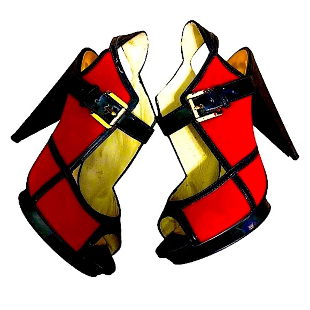Michael Kors Red Suede & Black Leather Ankle Strap Sandals👠, Women's Size 5 1/2